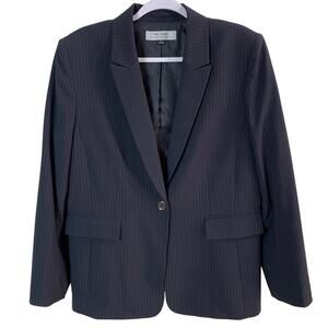 Tahari ASL Size 16 Single Brasted Pinstripe Blazer Jacket Black White Career
